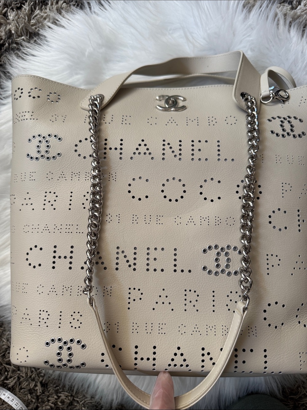NWT CHANEL 2019 Beige Calfskin Perforated Logo Tote with Silver-Tone Hardware - Picture 9 of 17